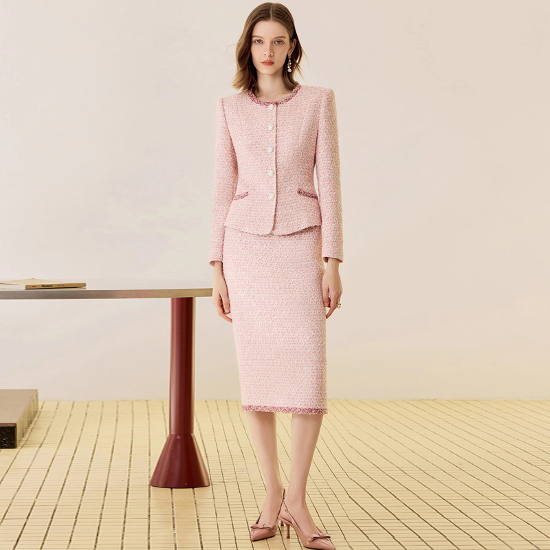 Aishangchen Pink Small Fragrance Suit Suit Skirt Women's Autumn and Winter High-End Broadcast Host Formal Occasion Formal Wear