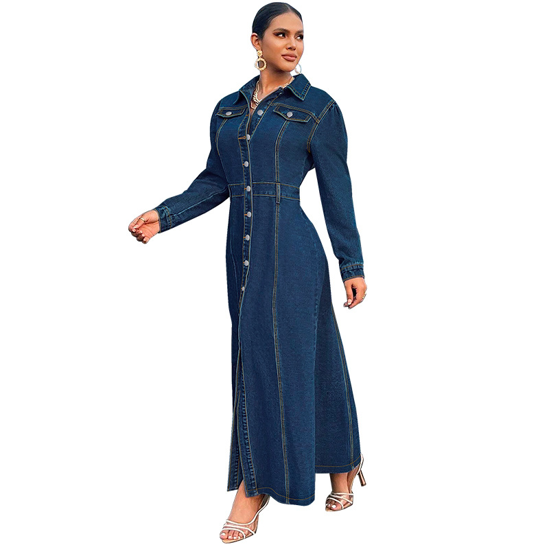 708g Weight Maxi Long Dress Dress Length Type Long Sleeve Sleeve Length Denim Dress Dresses Type Cotton (more than 30%), Denim Fabric Type High Waist Waist Line Holiday, Street Occasion Turndown Neckline Slim Fit Type Solid Color Pattern Spring, Autumn Season Women's Gender Streetwear Style Wholesale Women's Streetwear Solid Color Holiday Street Turndown Long Sleeve Denim Dress 18