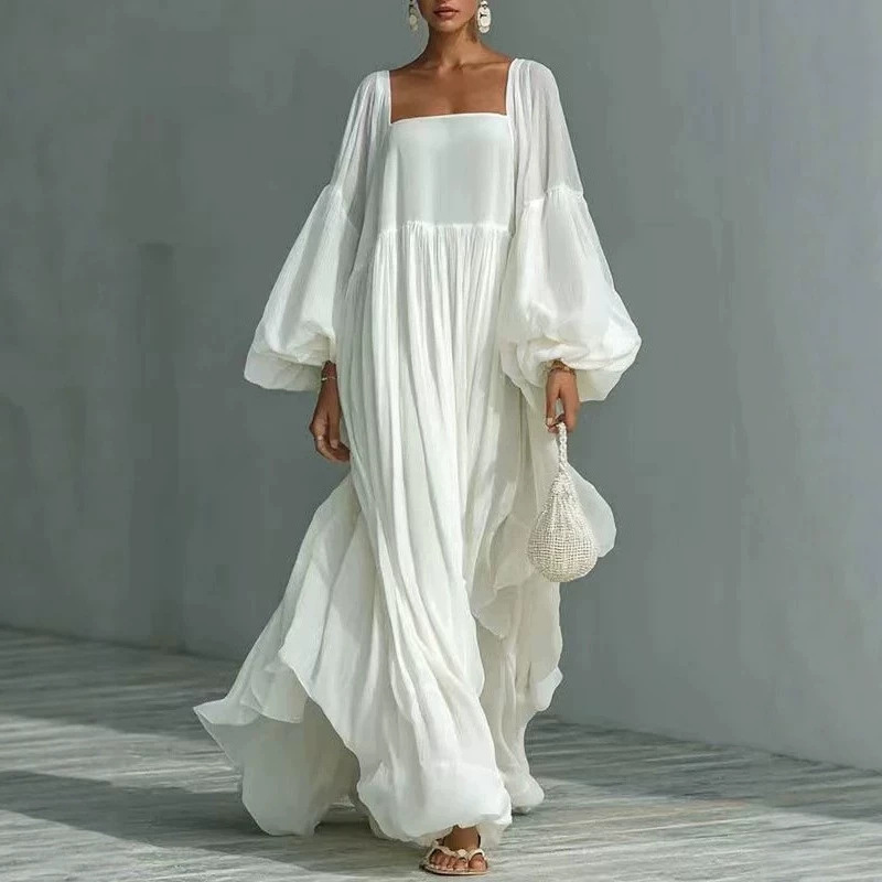 Cross-Border European and American Amazon Independent Site Spring/Summer New Elegant Slim-Fit Long-Sleeve French-Style White Vacation Dress