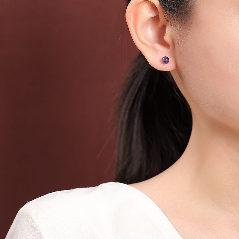 Bông tai bạc S925 mạ vàng đính thạch anh tím tự nhiên hạt tròn hình học đơn giản — một cặp