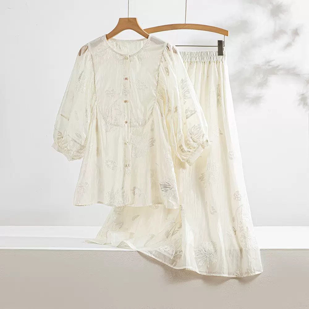 恩迪天丝仙气刺绣衬衫半身裙套装女夏季白色国风上衣A字裙两件套