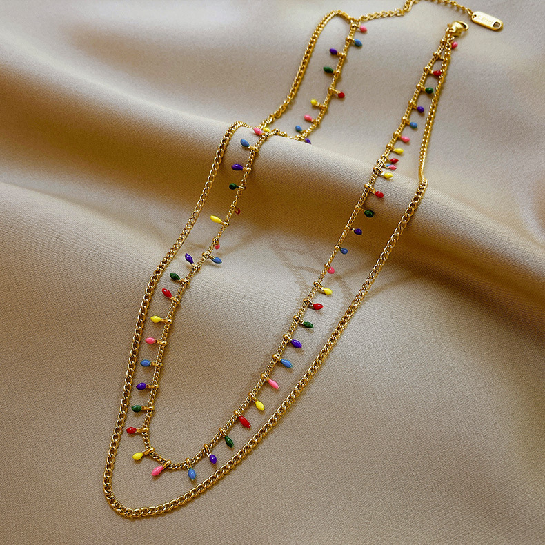 Sweet Water Droplets Titanium Steel Tassel Chain Zircon Necklace 1 Piece