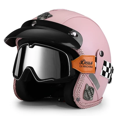 Motosiklet dəbilqələri — Helmet for Men and Women - m-retro-pink-black-and-white-checkered-large-frame-goggles-you-can-leave-a-message-to-change-to-a-transparent-mirror-comes-with-a-hat-brim-face-towel