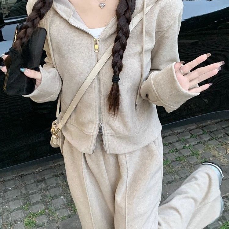 女装外出阔腿裤春秋拉链卫衣新款两件套连帽休闲运动套装女2025年|undefined