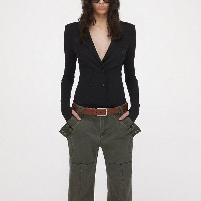 Hot Girl Black Elegant High-End Double-Breasted V Neck Stretch Knitted Slim Slim Suit Jacket Jumpsuit Trendy