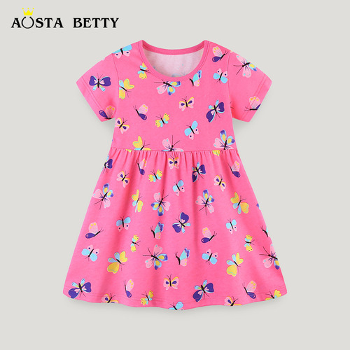 European and American Style Fashion Girls Butterfly Print Princess Dress 24 Summer New Arrival Round Neck Children's Cotton Dress