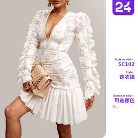 2026跨境夏季新款外贸亚马逊欧美女装刺绣连衣裙性感蕾丝深V短裙