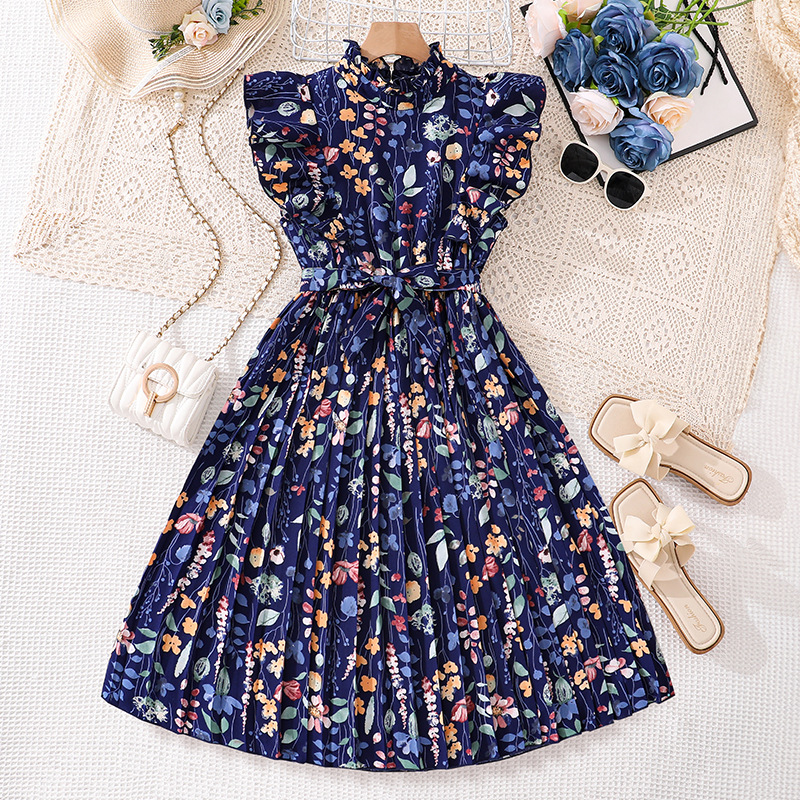 Robe d'été pour fille à fleurs françaises, manches courtes, style princesse, coupe ajustée, plissée, motif végétal_voghion.com
