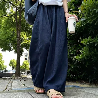 藏青色亚麻气球阔腿裤女夏季薄款宽松小个子休闲直筒棉麻弯刀裤子