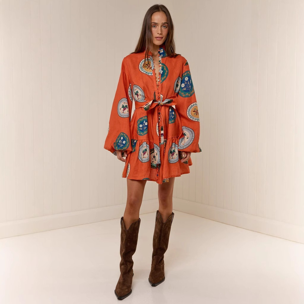 欧美跨境2025新速卖通独立站休闲时尚亚麻衬衣开衫气质百搭连衣裙