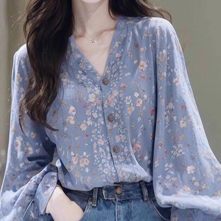 法式初秋绝美独特淑女气质森系蓝色碎花长袖衬衫上衣慵懒宽松外穿|undefined