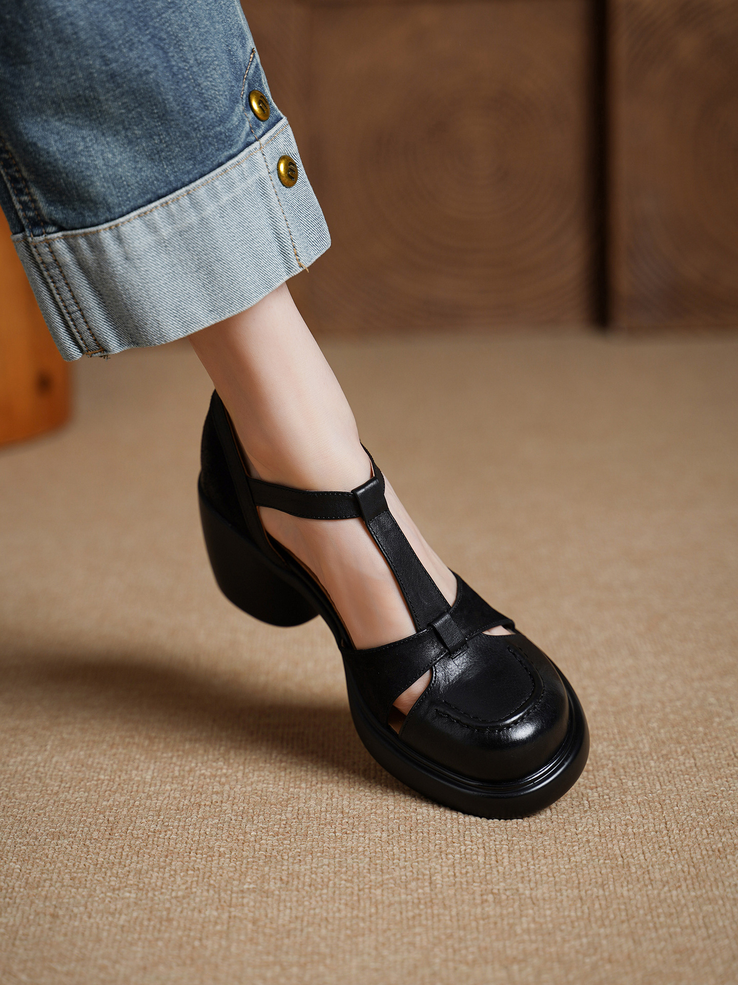 Sandal nữ cao gót mũi nhọn quai chữ T da bò, gót 8 cm — đen chi tiết 7