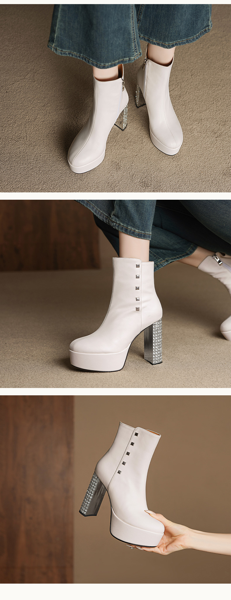 Boot nữ cổ thấp gót siêu cao 11 cm đế platform da bò đầu, đính đá pha lê — Lớp lót nhung đen chi tiết 6