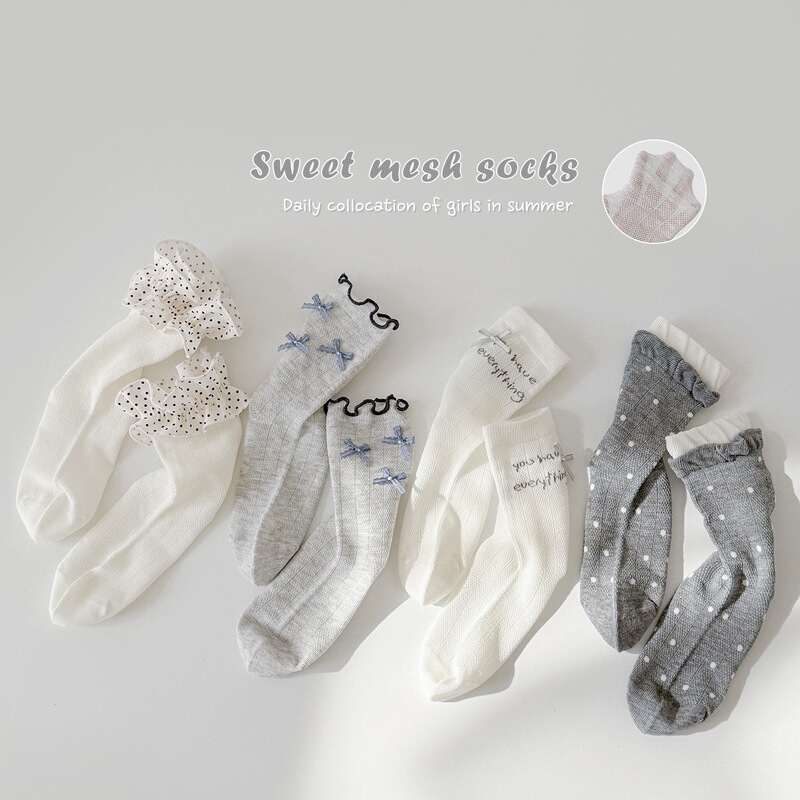 Girls' socks for spring and summer, thin pure cotton mesh mid-calf socks, children's Korean-style sweet lace bow princess socks for summer Girls' socks for spring and summer, thin pure cotton mesh mid-calf socks, children's Korean-style sweet lace bow princess socks for summer