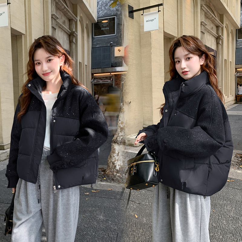 小个子烫砖毛呢拼接羽绒棉服女短款2025冬季新款爆款流行棉袄外套|undefined