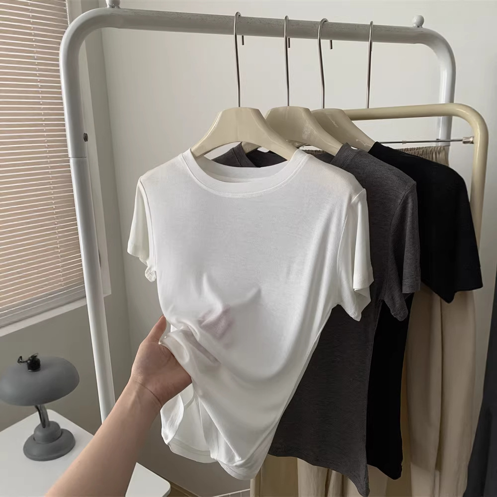 Lyocell Tencel Crewneck 마스크 티! 기본 다목적 뽕나무 실크 어깨 반팔 봄 여름 티셔츠베이스 셔츠