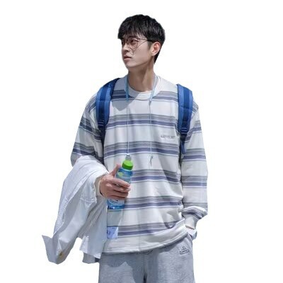 Men's Long-Sleeve Round Neck Hoodie with Spring and Autumn Stripes, Loose and Versatile, Ins Hong Kong Style, Korean Version Fashion T-Shirt Top for Casual Wear