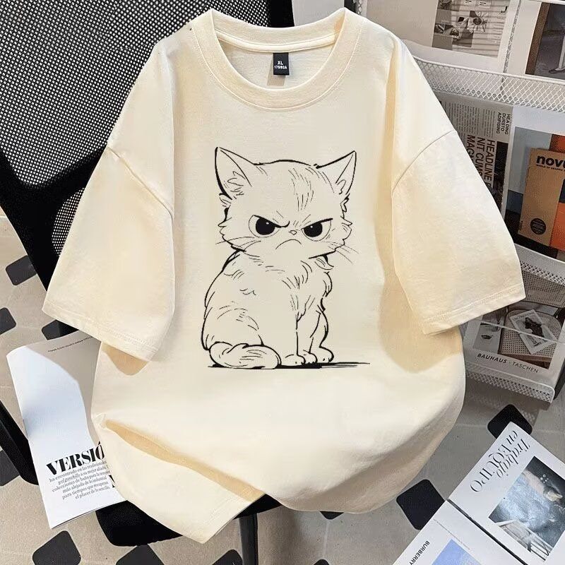 National Trendy Brand Hong Kong Style Versatile Short-Sleeve Men's T-Shirt Summer New Creative Angry Cat Print Simple Top Couple's Wear National Trendy Brand Hong Kong Style Versatile Short-Sleeve Men's T-Shirt Summer New Creative Angry Cat Print Simple Top Couple's Wear