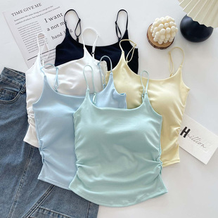 Small Fresh and Pure Style Design Pleated Camisole Women's Outer Wearing Inner Wearing Chest Pad Slim-fit Beautiful Back Clothes for Summer