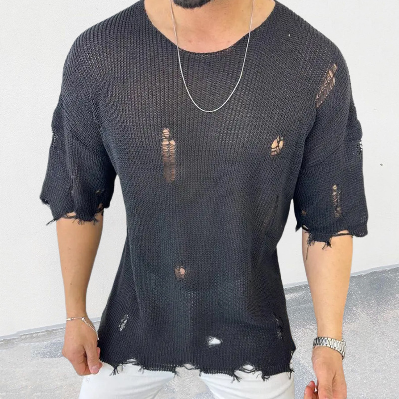 2026 New Summer Knitwear for Men, Round Neck Short-Sleeved Cut Out Pullover Knitwear, Cross-Border Amazon European and American Men's Clothing