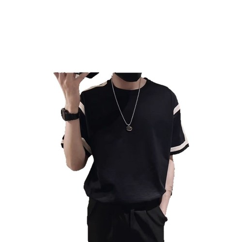 Plus-size men's trendy brand half-sleeve T-shirt for larger builds, featuring a loose fit, extended sizing, and eye-catching contrast-colored woven straps.