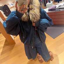 2025冬季新品加厚毛领棉衣保暖时尚百搭连帽派克牛仔棉服外套女