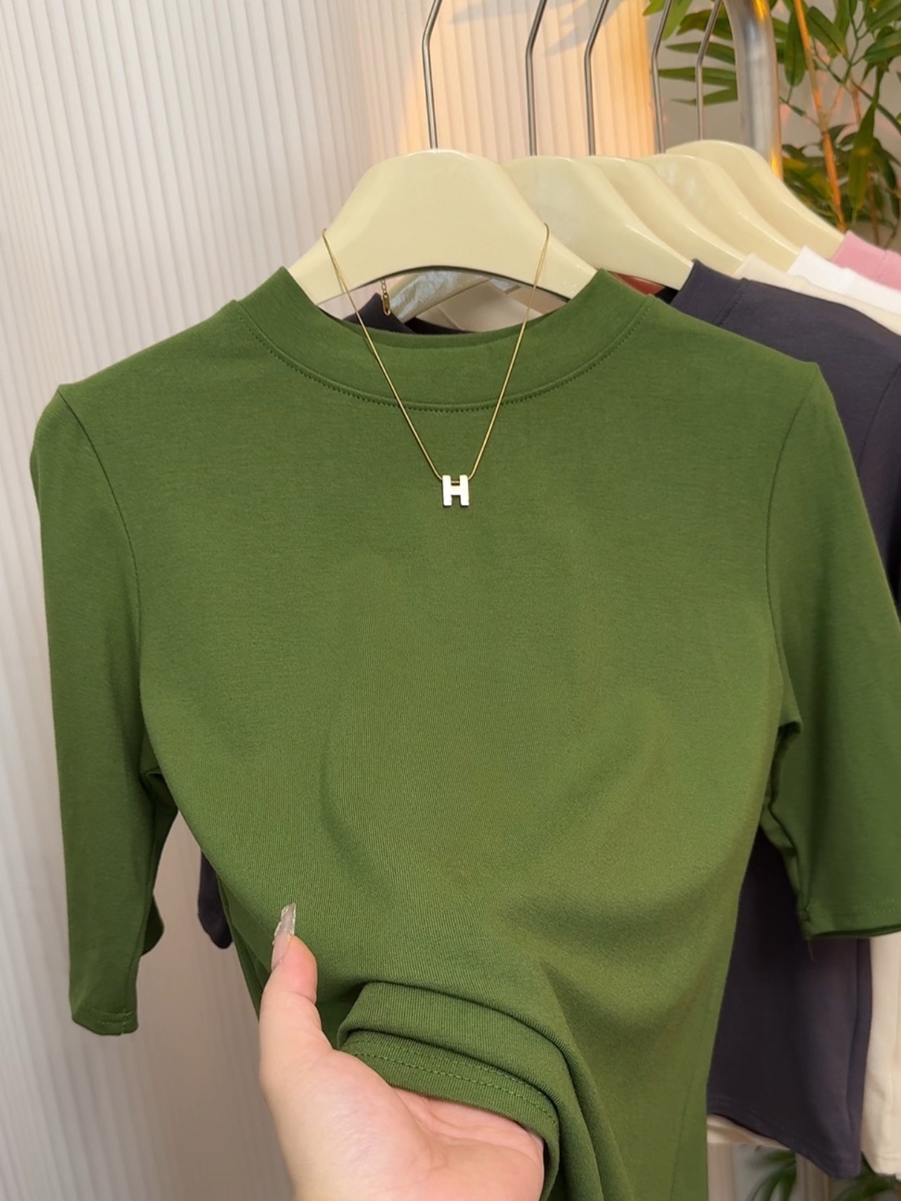 high quality stretch cotton elegant interior T-shirt women's all-match slimming half sleeve half sleeve high collar base shirt plus size