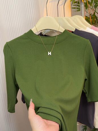 high quality stretch cotton elegant interior T-shirt women's all-match slimming half sleeve half sleeve high collar base shirt plus size