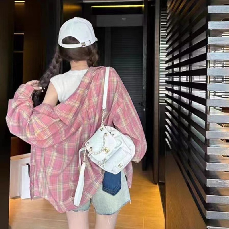 港风复古格子衬衫外套女早秋薄款休闲宽松长袖防晒衬衫设计感|undefined