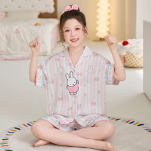 儿童冰丝短袖睡衣夏女童米菲兔家居服中大童开衫凉感可爱亲子套装