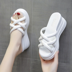Great to wear~ Women's 2024 Summer New Slope Heel Slides with Doughnut Soles, One-String Fish Mouth Student Anti-Slip High Heel Slides