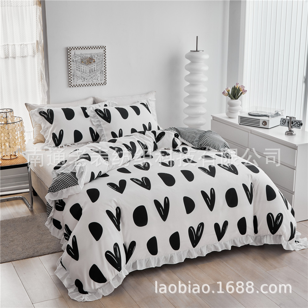 跨境外贸厂家供货速卖通亚马逊床上用品爱心型荷叶边花边被套枕套