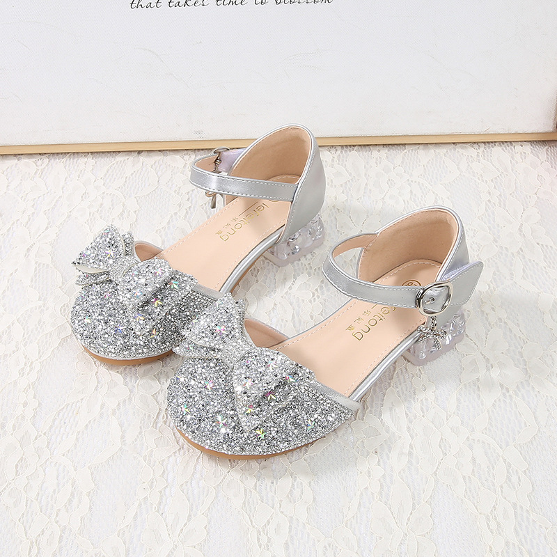 Princess Shoes Girls High Heels New Leather Shoes Children's Crystal Shoes for Show silver Dress Shiny Shoes