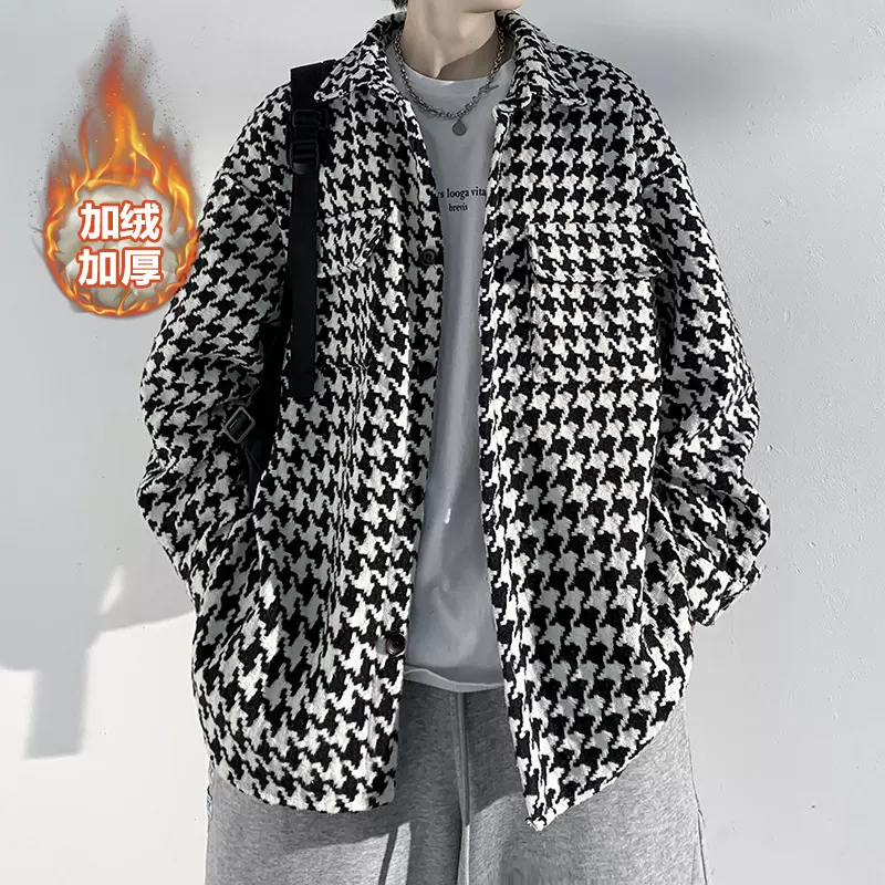 新款加绒衬衫夹克男潮千鸟格翻领毛呢外套J25861J加绒