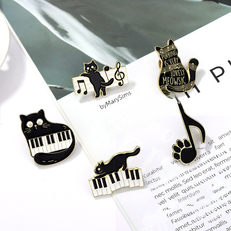 Foreign Trade Cartoon Cute Black Cat Piano Note Alloy Brooch Clothes Bag Packaging Brooch Buckle Badge