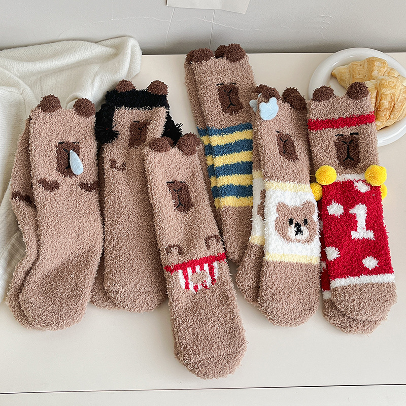 Keep warm cartoon cute coral velvet knee socks, increased thickness, mid-length