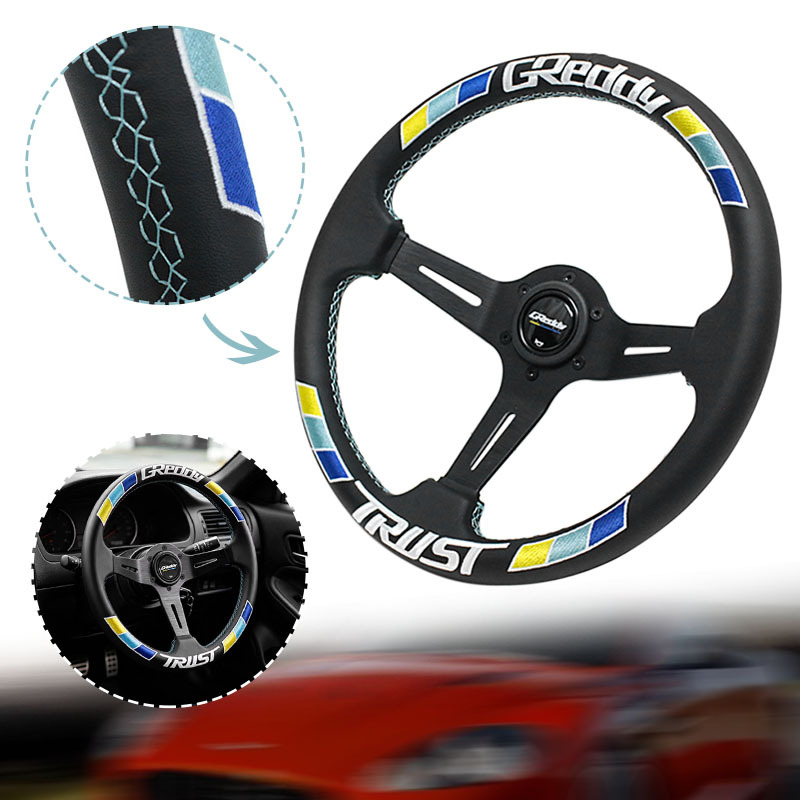 14inch Car Modification Steering Wheel Greddy Ultra-Fine Fiber Leather Quick-Release Concave Three-Color Stripe Embroidery Modified Steering Wheel