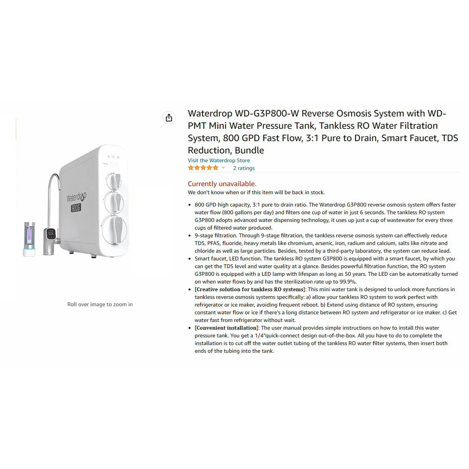 NSF certification WaterDROP pure water machine 800g reverse osmosis RO film water purifier large flow without barrel filter element