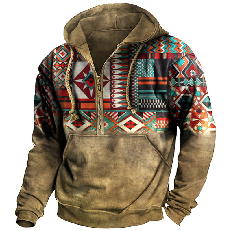 2023 Cross-border European Code Hot Selling Men's Retro Ethnic Printed Pocket Zipper Hoodie Autumn Outdoor Leisure Health 2023 Cross-border European Code Hot Selling Men's Retro Ethnic Printed Pocket Zipper Hoodie Autumn Outdoor Leisure Health