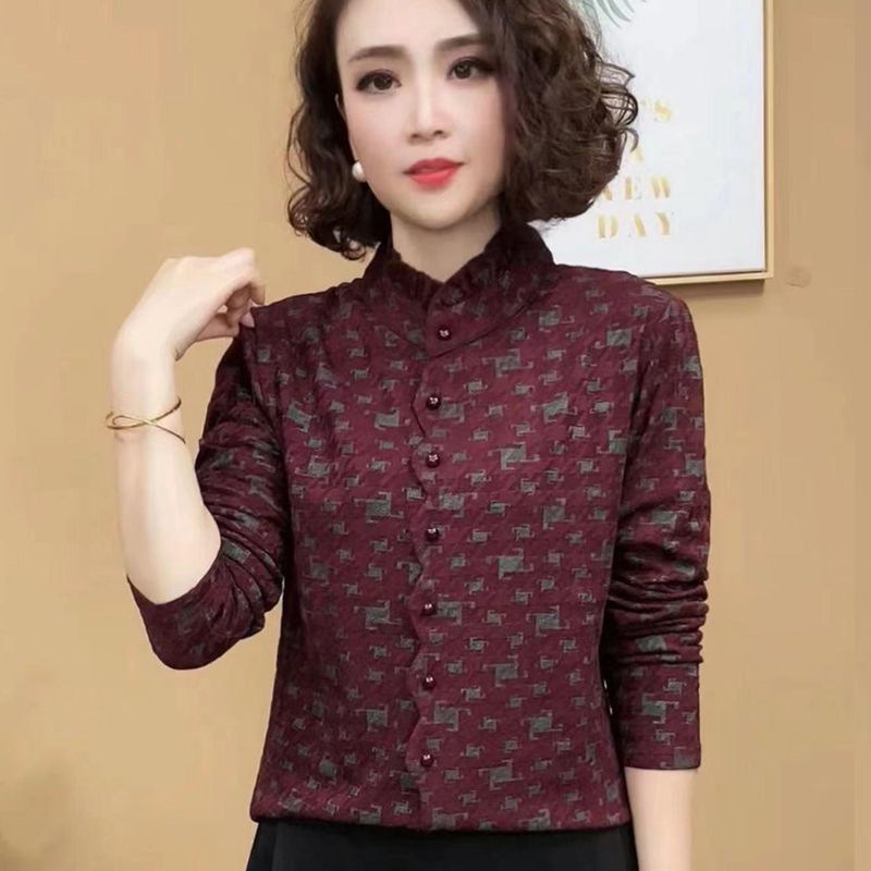 女秋冬季2024新款加绒提花棉打底上衣时尚妈妈装气质保暖百搭小衫