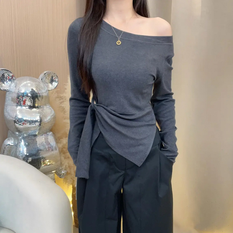 大码胖mm韩系条纹不规则开叉斜肩长袖T恤女装早秋收腰设计感上衣|undefined