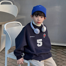 蓝钰25秋冬新品韩国童装中小童男童加厚一体绒字母绣花藏青色卫衣