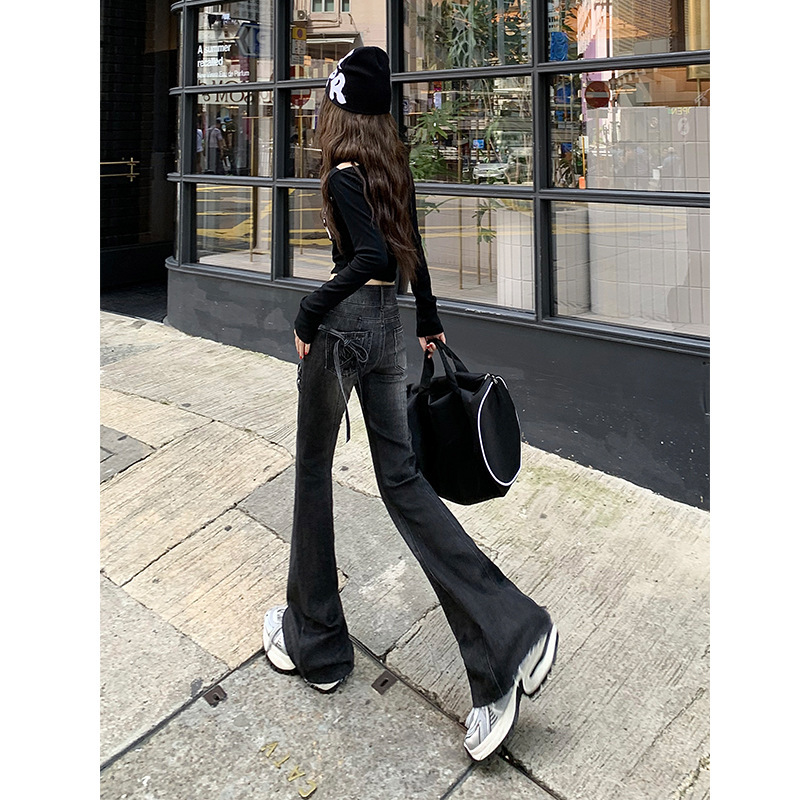 가을과 겨울 2024 빈티지 더블 버튼 마이크로 풀 청바지 여성용 활 스트레치 경적 바지