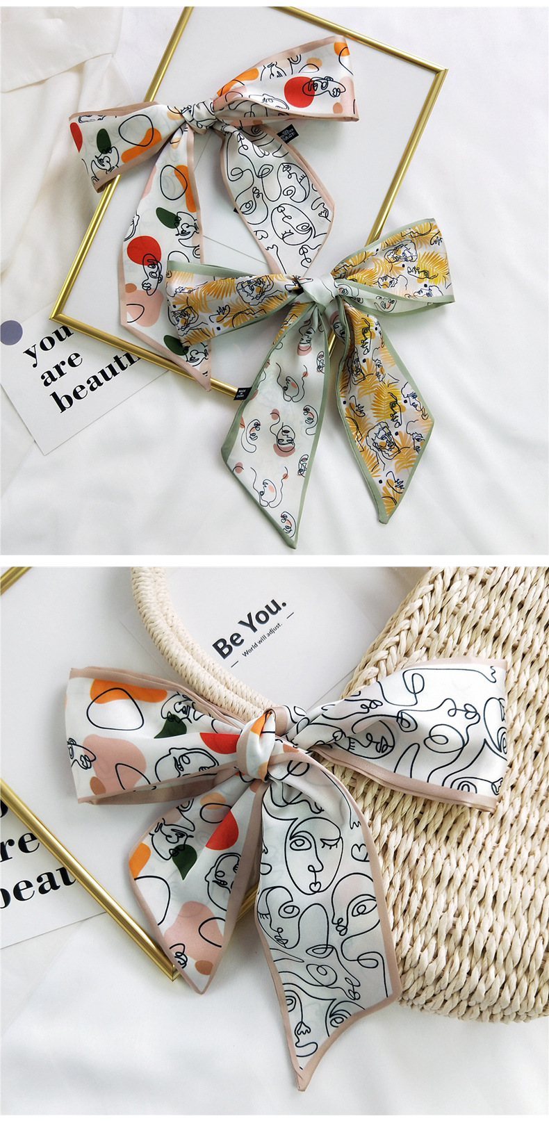 20g Weight Silk Scarf Classification Travel Occasion Unisex Gender Sweet Style Khaki, Multicolor, Dark Blue, White, Red, Green, Blue, Yellow, Black Color Fashion Silk Scarf Hair Tie 3