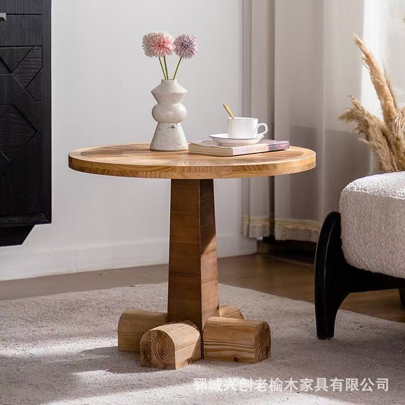 老榆木家用茶桌咖啡桌阳台实木茶边几方形拼花桌复古做旧风格