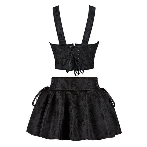 New black jacquard summer women's clothing retro palace waist gathered shoulder straps corset outer bone garment body shaping suit