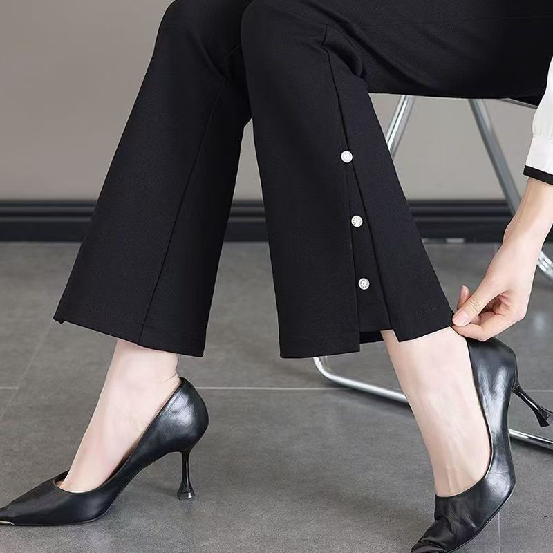 Flared Pants for Spring and Summer, Cropped Length for Petite Women, Wide-Leg Pants, New High-Waisted, Stretchy, Casual Black Women's Pants Flared Pants for Spring and Summer, Cropped Length for Petite Women, Wide-Leg Pants, New High-Waisted, Stretchy, Casual Black Women's Pants