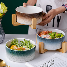 2023新款厂家创意韩式碗家用高颜值水果沙拉碗陶瓷带木架早餐碗盘
