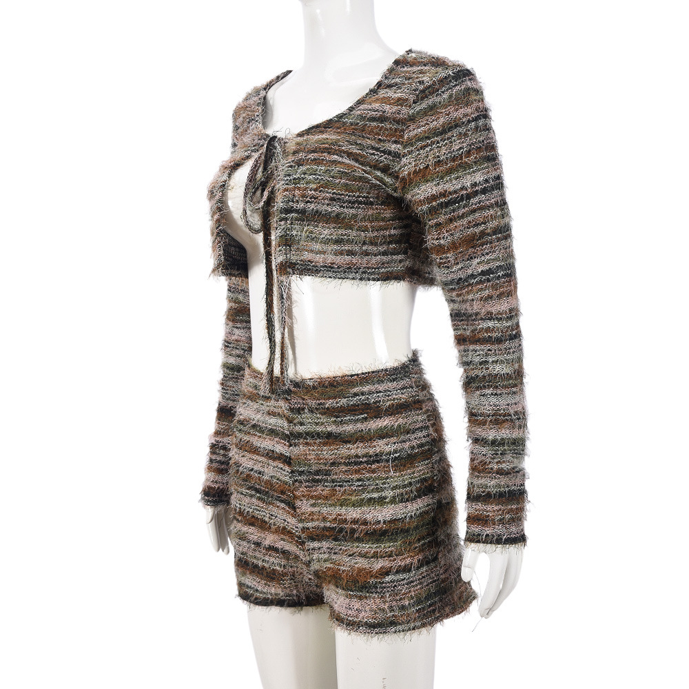 Women Clothing Autumn Winter Pine Needle Wool Exposed Cropped Hollow Out Cutout out Strap Short Shipment Long Sleeve Two Piece sets 16 Women Clothing Autumn Winter Pine Needle Wool Exposed Cropped Hollow Out Cutout out Strap Short Shipment Long Sleeve Two Piece sets