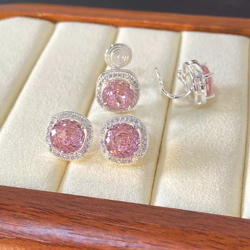 施家华子千禧切粉色钻石耳夹无耳洞轻奢风气质高级感少女时尚耳环
